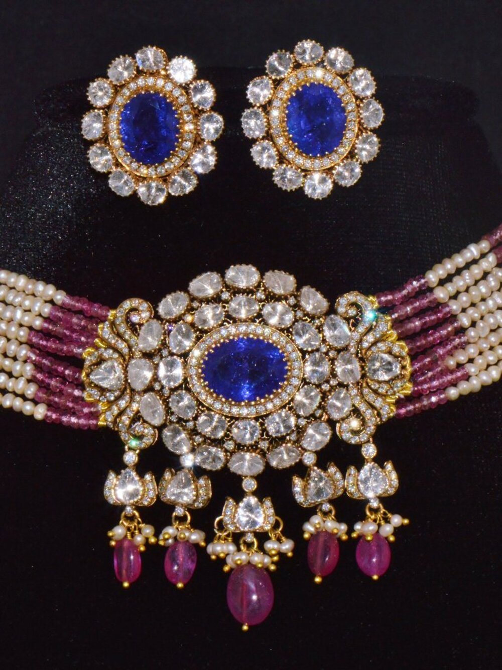 Natural Tanzanite Uncut Diamond Pearl Ruby Tourmaline 18K Gold Necklace Set